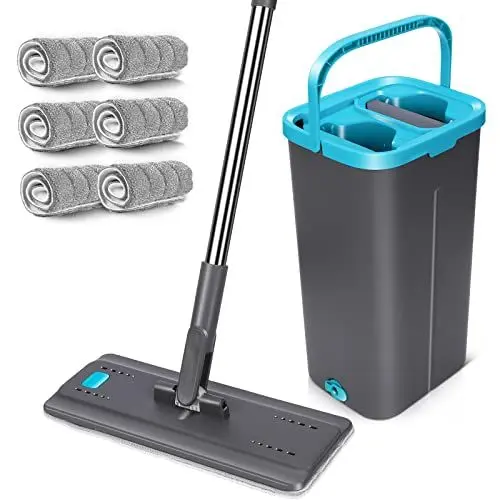 Produktbild: MASTERTOP Wischmopp Set mit Eimer, 2 in1 Bodenwischer mit Auswringfunktion für Nass-Trockennutzung, 141cm Flach Mopp Wischmop Set mit 6 Mikrofaser Pads für Alle Hartböden, Blau