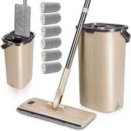 Produktbild: MASTERTOP Wischmopp Set mit Eimer, 2 in 1 Bodenwischer mit Einstellbar Edelstahlgriff und 6 Mikrofaser Moppkopf, Hand-Frei Wischmop & Putzeimer mit auswringfunktion für Hartholz Laminat Fliesen