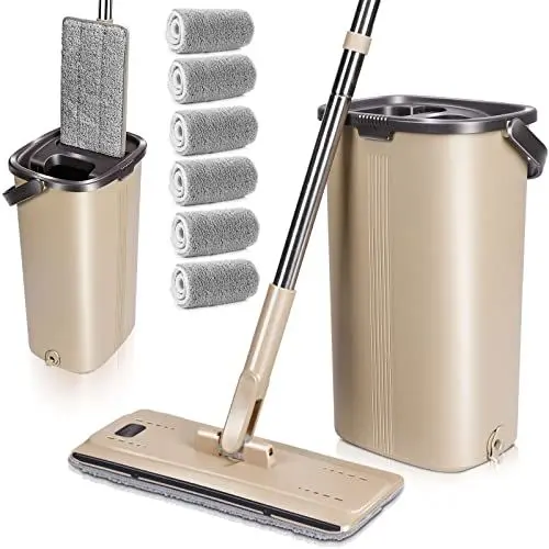 Produktbild: MASTERTOP Wischmopp Set mit Eimer, 2 in 1 Bodenwischer mit Einstellbar Edelstahlgriff und 6 Mikrofaser Moppkopf, Hand-Frei Wischmop & Putzeimer mit auswringfunktion für Hartholz Laminat Fliesen