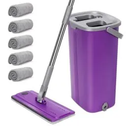 Produktbild: MASTERTOP Wischmopp Set mit Eimer, Bodenwischer Set mit 5 Mikrofaser Pads und Edelstahl Griff, Flachmopp Wischmopp mit Auswringfunktion,Wischer Mop Set,Putzeimer mit Wischmop für alle Böden, Lila