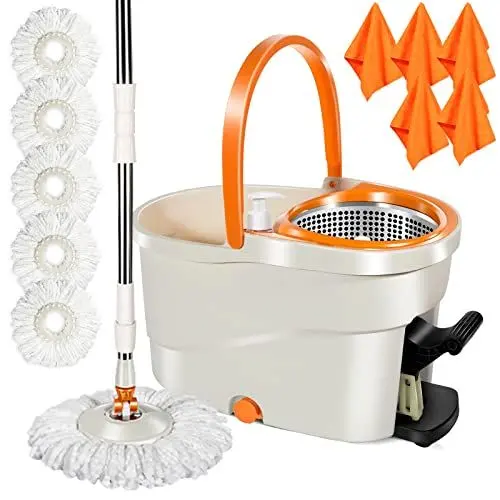 Produktbild: MASTERTOP Wischmopp Set mit Eimer, Bodenwischer mit 7L Putzeimer & 138 cm Teleskopstiel, Wischmopp mit Auswringfunktion für Küche, Inkl 5 Microfaser Moppköpfen und 5 Tücher