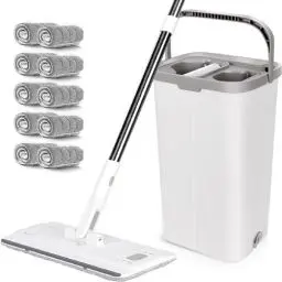 Produktbild: MASTERTOP Wischmopp Set mit Eimer, Flachmopp Bodenwischer mit 10 Mopp Pads und Langem Griff, 2 in 1 Putzeimer mit Wischmop, Mikrofaser Wischmopp mit Auswringfunktion für All Boden-Weiß