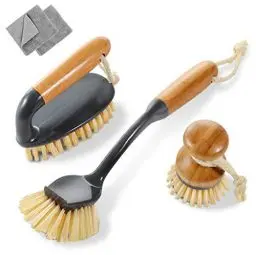 Produktbild: Masthome 3-Teiliges Spülbürste Set, Reinigungsbürste Set aus Langem Griff Geschirrbürste mit Schaber,Rund Geschirrbürste mit Bambusgriff und Scheuerbürste,Bambus Topfbürste Set für Küche zur Reinigung