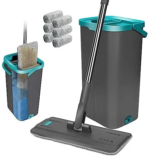 Produktbild: Masthome Bodenwischer Set mit Eimer,Wischmopp Set mit Eimer 2 In 1,Bodenwischer Set und 6 Mikrofaser Wischpads,Wischmopp mit Auswringfunktion für Hartholz Marmor Fliesen Bodenreinigung