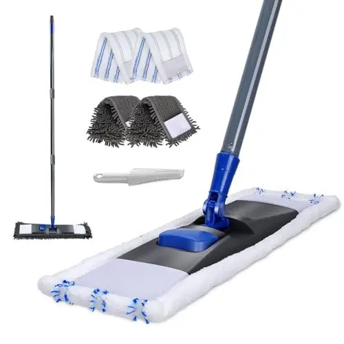 Produktbild: Masthome Flach Wischmopp,Wischer Boden Chenille mit 128 cm Langem Griff, Profi Bodenwischer mit 4 Moppadsf, Miracle Mop für Hartholz, Laminat, Fliesen, Marmor, Send Scraping Dust - Grau