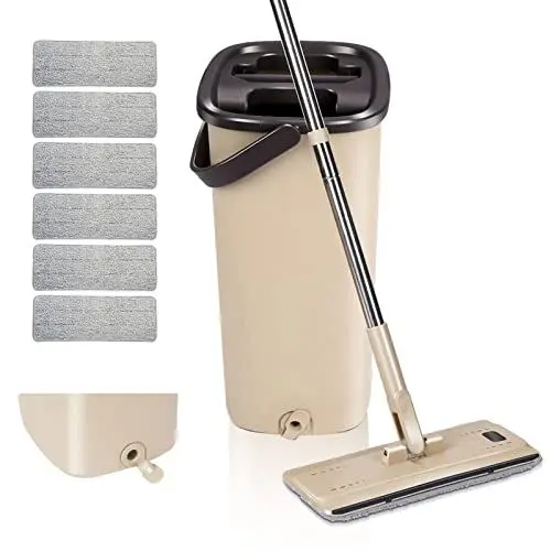 Produktbild: Masthome Bodenwischer mit Eimer Set, Putzeimer und Flacher Mopp Set mit Langem Griff aus Edelstahl und 6 Mikrofaser Wischpads,Flacher Wischer mit Auswringfunktion für Alle Böden-Braun