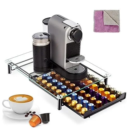 Produktbild: Masthome Kaffeekapsel Ständer, Kapseln Aufbewahrung für Nespresso-Kaffeekapseln, Oberseite aus Gehärtetem Glas Kapselständer mit Schubladen für 60 Kapseln, 1 Reinigungstuch Senden