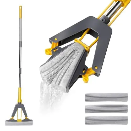 Produktbild: Masthome Schwamm Wischmopp Set, 130 cm Bodenwischer mit 3 Super Saugfähige Schwamm Köpfen, Schwamm Wischer für Fliesen,Laminat,Hartholz böden Reinigung