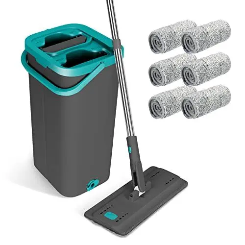 Produktbild: Masthome Wischmopp Set mit Eimer,2 In 1 Putzeimer mit Wischmop,Flacher Bodenwischer mit 6 Mikrofaser-Wischpads Hand-Frei Mopp Set und Eimer für Hartholz, Fliesen, Laminat, Marmor, Bodenreinigung