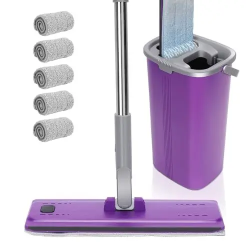 Produktbild: Masthome Wischmopp Set mit Eimer,Wischer mit Auswringfunktion und 138CM Edelstahl Griff,Bodenwischer Set mit 5 Mikrofaser Pads,Putzeimer mit Wischmop,Floor Mop Set für Bodenreinigung-Violett