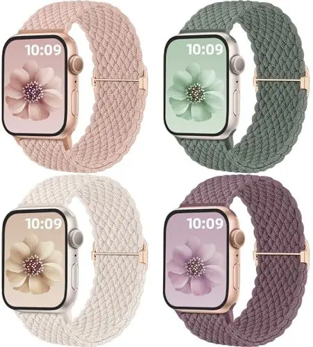 Produktbild: Mastten 4 Stück Geflochtenes Armbänder Kompatibel mit Apple Watch Armband 40mm 41mm 42mm 38mm Damen Herren, Elastisches Nylon Stoff Armband-Sport Solo Loop für iWatch SE Series 10 9 8 7 6 5 4 3 2 1