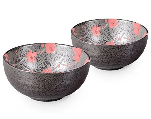 Produktbild: Matcha Schalen Set 2-teilig, je 250ml anthrazit/rot, Blütendesign, gesprenkelt, Original Aricola®
