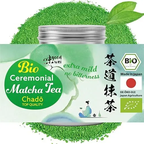 Produktbild: Goodwei Matcha Chado - BIO Matcha Pulver Zeremoniequalität aus Japan - Ceremonial Grade Matcha Grüntee Erste Ernte, 40g Dose