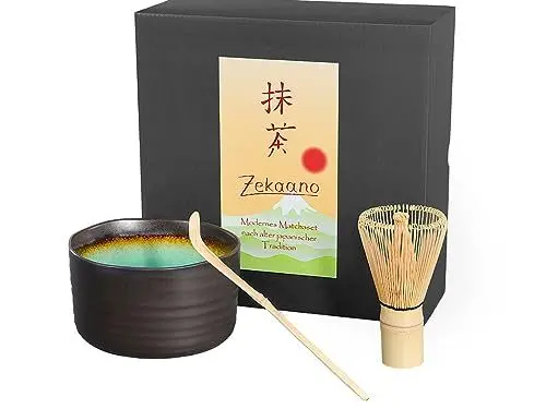 Produktbild: Matcha-Set 3-teilig, anthrazit/türkis, bestehend aus Matcha-Schale, Matcha-löffel und Matcha-Besen (Bambus) in Geschenkbox. Original Aricola®