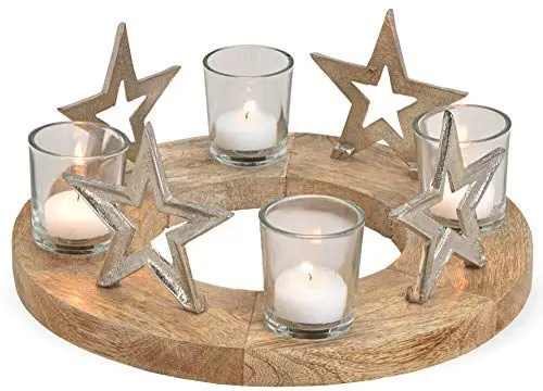 Produktbild: matches21 Adventskranz Adventsgesteck Holz mit Metall Sternen & Glas Kerzenhalter Tisch-Deko Silber braun Ø 30x12 cm
