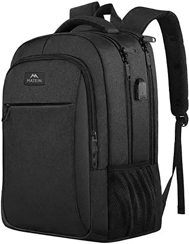 Produktbild: MATEIN Business Laptop Rucksack 15,6 Zoll Reise Laptoptasche mit USB Ladeanschluss Wasserabweisend Daypack Arbeit College Computer Herren Damen, Schwarz