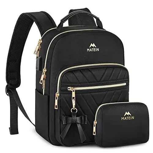 Produktbild: MATEIN Rucksack Damen Klein, Elegant Schulrucksack Geldbeutel Set 2 in 1 Wasserdicht Cityrucksack Casual Daypack mit USB Ladeanschluss Modern Handtasche Rucksacktasche für Reisen Arbeit Schwarz