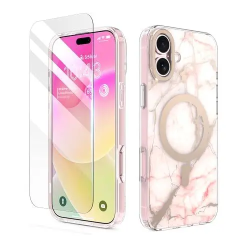 Produktbild: MATEPROX Kompatibel mit iPhone 16 Plus Hülle, Stylische Marmor Schutzhülle Kompatibel mit MagSafe mit Panzerglas, Magnetische Anti-Kratzer Dünne Handyhülle für iPhone 16 Plus 2024-Mattrosa
