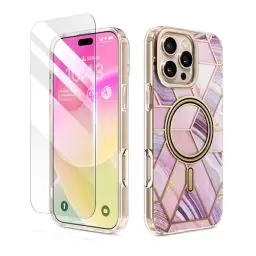 Produktbild: MATEPROX Kompatibel mit iPhone 16 Pro Hülle, Stylische Marmor Schutzhülle Kompatibel mit MagSafe mit Panzerglas, Magnetische Anti-Kratzer Dünne Handyhülle für iPhone 16 Pro 2024-Marmorlila