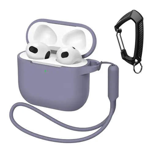 Produktbild: MATEPROX Silikon Hülle Kompatibel mit AirPods 4. Generation 2024 Kratzfeste Schutzhülle mit Karabiner und Kopfhörerhüllen-Halter für AirPods4-Lavendelviolett