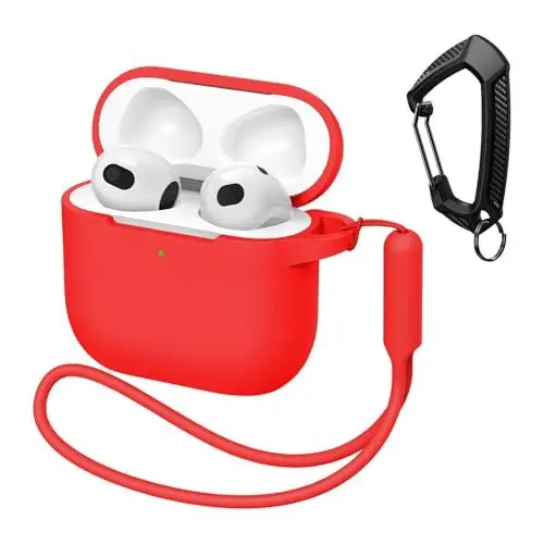 Produktbild: MATEPROX Silikon Hülle Kompatibel mit AirPods 4. Generation 2024 Kratzfeste Schutzhülle mit Karabiner und Kopfhörerhüllen-Halter für AirPods4-Rot