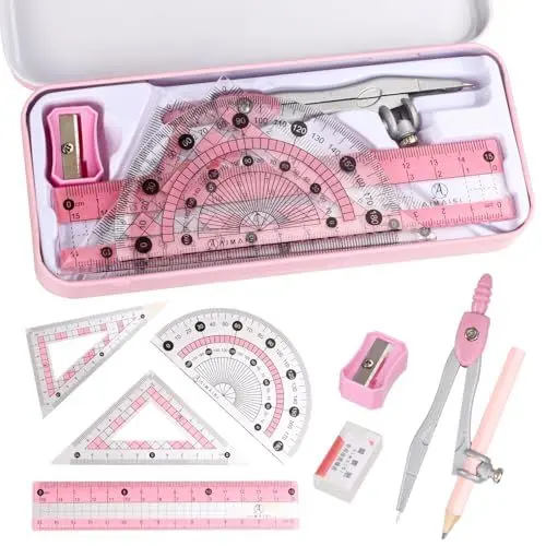 Produktbild: Mathematik-Set, Geometrie-Set, Winkelmesser und Zirkel-Set mit Metallbox, Zeichenkompass mit Linealen, Mathematik-Kompass-Set für Klassenbedarf und Schule, 9-teilig