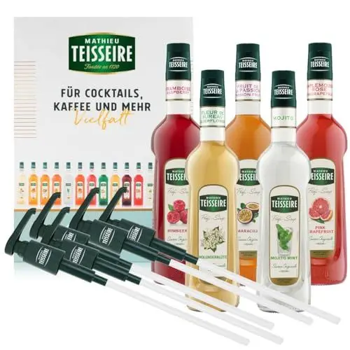 Produktbild: Mathieu Teisseire SET Cocktail 5+5-5 x beliebte Sirupe + 5x Pumpen - Himbeere, Maracuja, Pink Grapefruit, Holunderblüte, Mojito Mint (5x 0,7l)