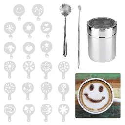 Produktbild: Matogle Kakaostreuer für Cappuccino mit 16 Schablone Mehlstreuer Edelstahl Puderzuckerstreuer Staubzuckerstreuer Pulverstreuer mit Barista Kaffee Zubehör für Kaffee Kakao Chocolate Puderzucker