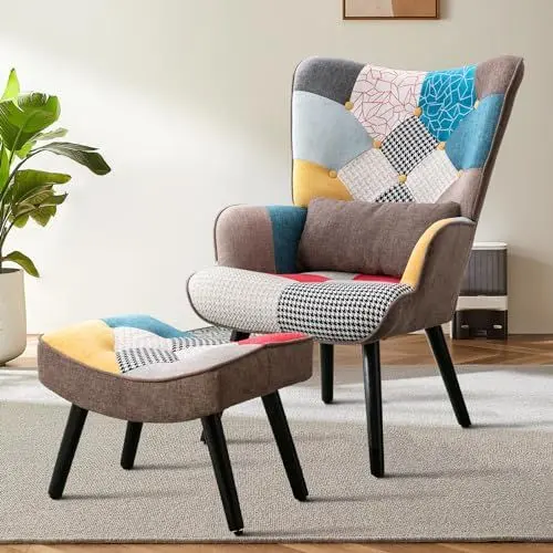 Produktbild: Matomn Relaxsessel mit Hocker Patchwork Sessel Holz Sessel Wohnzimmer moderner Ohrensessel mit Massivholzfüße Fernsehsessel Leinen Loungesessel Stuhl Braun