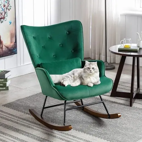 Produktbild: Matomn Schaukelstuhl Schaukelsessel Samt Sessel Wohnzimmer mit Metallgestell und Holzsockel Skandinavischer Polstersessel Moderne Sessel Relaxstuhl für Schlafzimmer Kinderzimmer Hotel Grün