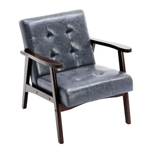 Produktbild: Matomn Sessel Wohnzimmer Retro Sessel Polsterstuhl Loungesessel mit Armlehnen Retro Holzsessel mittelalterlicher Holzrahmen Design Stuhl aus PU Leder für Schlafzimmer Empfangsraum Café Grau