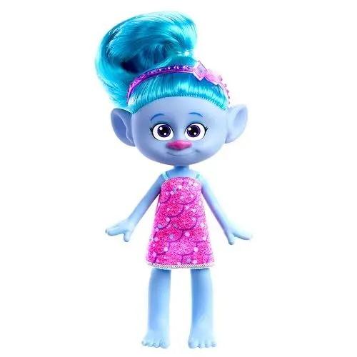 Produktbild: Mattel DREAMWORKS TROLLS Gemeinsam Stark – Haarige Überraschungen Chenille Puppe mit leuchtend blauem Haar zum Stylen, lila Stirnband, für Kinder ab 3 Jahren, HNF15