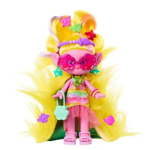 Produktbild: Mattel DREAMWORKS TROLLS Gemeinsam Stark – Hairsational Reveals Viva-Modepuppe, 15 Haar- und Modeaccessoires, pelzige Plüschhaare, juwelenförmiger Behälter, für Kinder ab 3 Jahren, HNF17