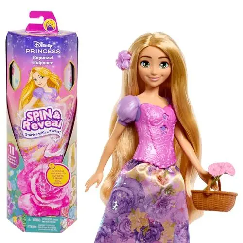 Produktbild: Mattel Disney Prinzessin Rapunzel Modepuppen-Set, Spin & Reveal mit 11 Überraschungen, darunter 5 Accessoires, 5 Sticker und eine Szene zum Spielen, vom Film inspiriert, HTV86