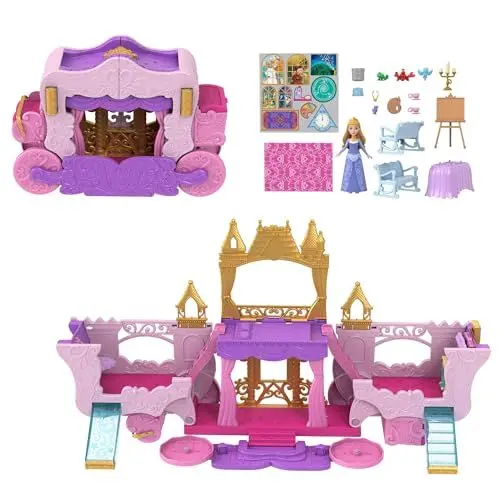 Produktbild: Mattel Disney Prinzessin Verwandlungs-Spielset Kutsche zu Schloss mit kleiner Puppe Aurora, 3 Ebenen, 6 Spielbereichen, 4 Figuren, Möbeln & Zubehör HWX17