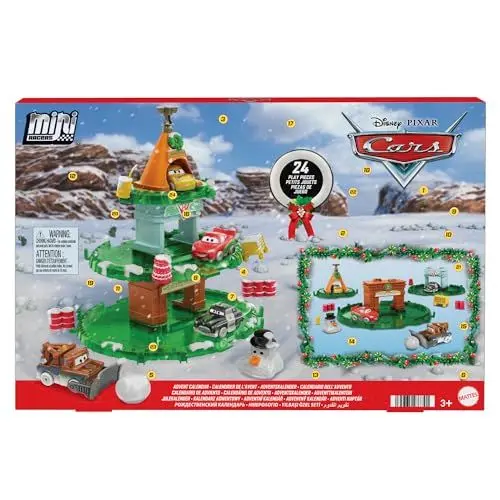 Produktbild: Mattel Disney und Pixar Cars Minis Adventskalender von Mattel mit 24 Teilen, Überraschungen, darunter Mini-Spielzeugautos, stapelbare Schienenteile und Zubehörteile zum Geschichtenerzählen, HXT34