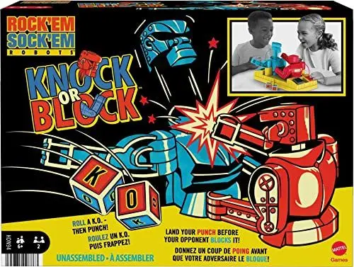 Produktbild: Mattel Games HDN94 - Rock ‘em Sock ‘em Boxkampf-Spiel mit den manuell bedienbaren Figuren Red Rocker und Blue Bomber im Ring, Geschenk für Kinder ab 6 Jahren