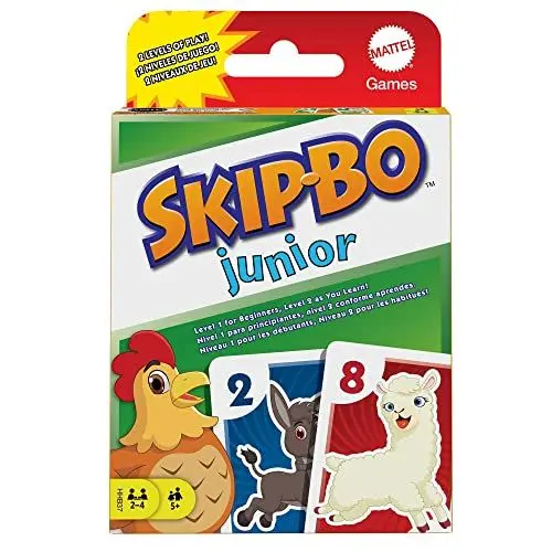 Produktbild: Mattel Games Skip BO Junior Kartenspiel mit 2 Spielniveaus, 112 Karten, unterhaltsames Reihenfolgespiel für 2 bis 4 Spieler ab 5 Jahren, HHB37
