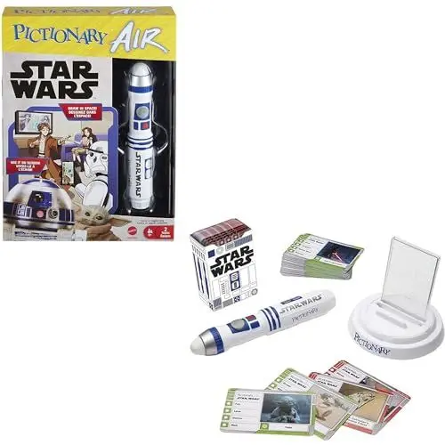 Produktbild: Mattel Games Pictionary Air Star Wars Familien-Zeichenspiel, Lightpen, 112 doppelseitige Hinweiskarten, Freisprecheinrichtung, Geschenk für 8 Jahre