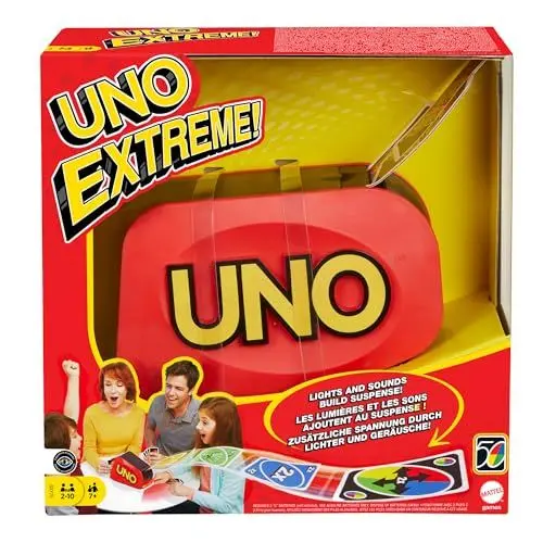 Produktbild: Mattel Games UNO Extreme, UNO Kartenspiel für die Familie, mit Kartenwerfer, Reisespiel oder Spiel für Erwachsene, für 2-10 Spieler, ab 7 Jahren, GXY75