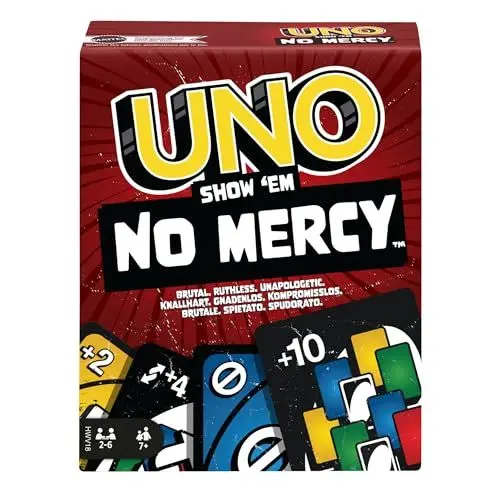 Produktbild: Mattel Games UNO Show 'em No Mercy - 56 zusätzliche Karten, Harte Aktionskarten und brutale Spielregeln für die gnadenloseste Version, Stapelregel und Handkartentausch, ab 7 Jahren, HWV18