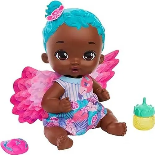 Produktbild: Mattel MY GARDEN BABY Flamingo - Interaktive Babypuppe mit Flügeln und Jasminduft, inkl. Fläschchen, Stoffwindel und Schnuller, abnehmbare Flügel als Decke, ca. 30 cm groß, HPD11