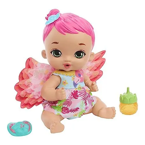 Produktbild: Mattel MY GARDEN BABY Flamingo - Interaktive Puppe mit Flügeln und Jasminduft, inklusive Fläschchen, Stoffwindel und Schnuller, für Kinder ab 3 Jahren, HPD12