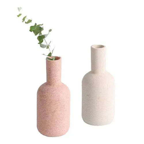 Produktbild: Mattierte Keramikvase, Schraubkörpervase, Moderne Gerippte Knospenvasen, Minimalistische Nordische Boho-Matte-Pampas-Blumenvasen, Runde Vase, Trockenblumenvasen für Zuhause, Küche,(Rosa und Beige)