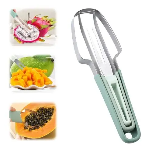 Produktbild: Mauepersu Obstschneider, 3-in-1 Wassermelonen Schneider Aus Edelstahl, für Cantaloupe, Papaya, Drachenfrucht, Obstgabelschneider Für Zuhause, Party, Camping, Küchengerät (Grün)
