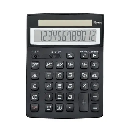 Produktbild: MAUL Taschenrechner ECO 950 | 21x15,5x3,3 cm (LxBxH) | Taschenrechner Solar mit 12 Stellen | Tischrechner für Büro, Schule | Taschenrechner klein aus 80% recycelter Kunststoff | Schwarz