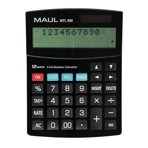 Produktbild: MAUL kaufmännischer Taschenrechner MTL 800 | Rechner mit kaufmännischen Funktionen | 12-stelliges Display mit 2 Zeilen | inkl. Steuerrechnung und Korrekturfunktion | Solar/Batterie | Schwarz