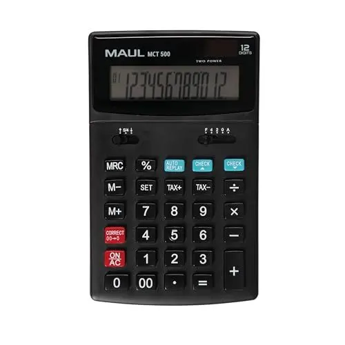Produktbild: MAUL Kaufmännischer Taschenrechner MCT 500 | Rechner mit kaufmännischen Funktionen und 12-stelligem Display | große, angewinkelte Anzeige | inkl. Steuerberechnung | Solar/Batterie | Schwarz