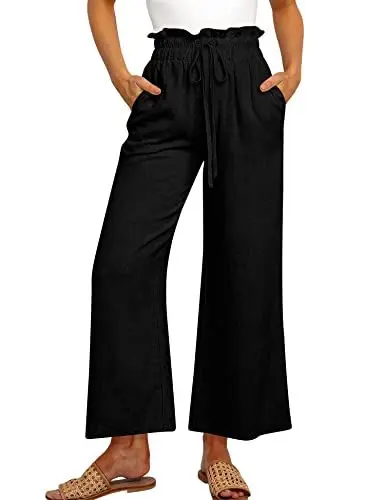 Produktbild: MAVIS LAVEN Damen-Leinenhose, hohe Taille, weites Bein, Kordelzug, lässige, lockere Hose mit Taschen,Schwarz,L
