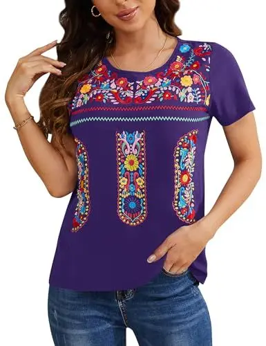 Produktbild: MAVIS LAVEN Damen Sommer Boho Stickerei Mexikanisch Bohemian Tops Halbarm V-Ausschnitt Shirt Tunika Blusen Tuniken Tops(1-Lila,X-Large)